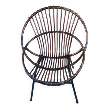 Fauteuil coquille rotin et metal