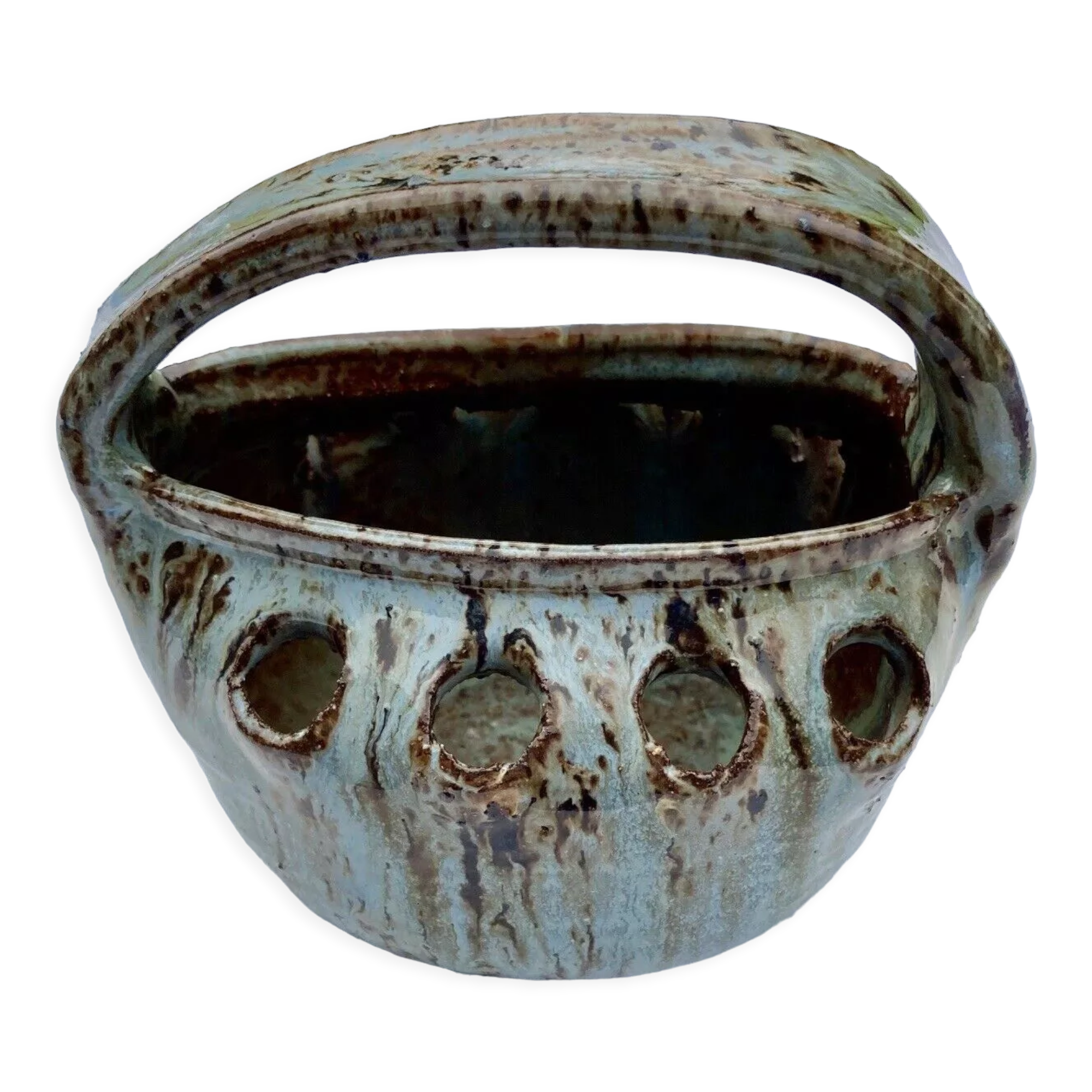 Glazed stoneware flower basket, signed Cécile Dein