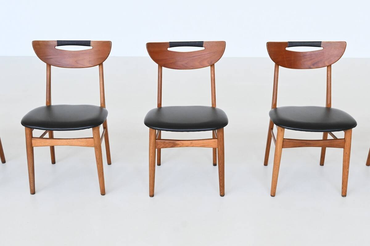 Set of six Danish dining chairs in teak and faux leather Denmark 1960
