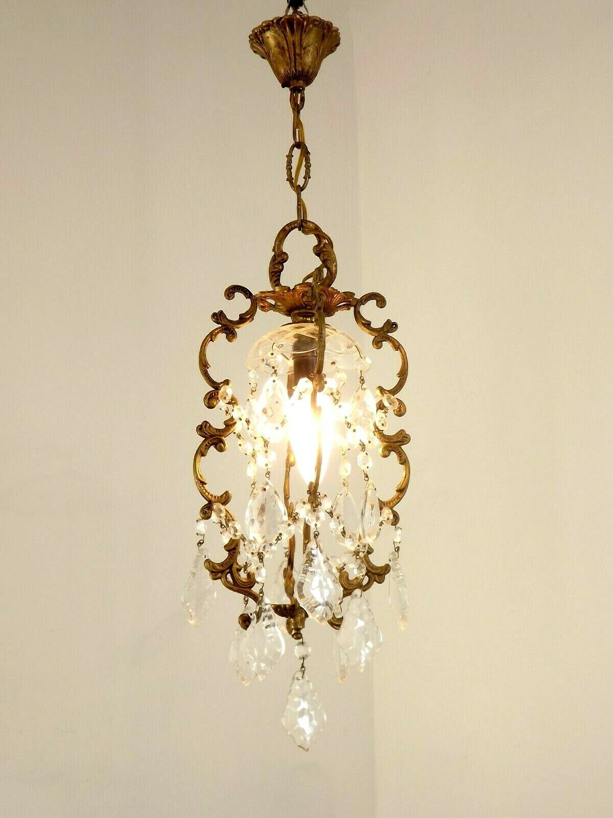 French antique small brass crystal & glass single light cage chandelier 3277