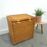 Wicker basket with lid with bear, vintage toy basket