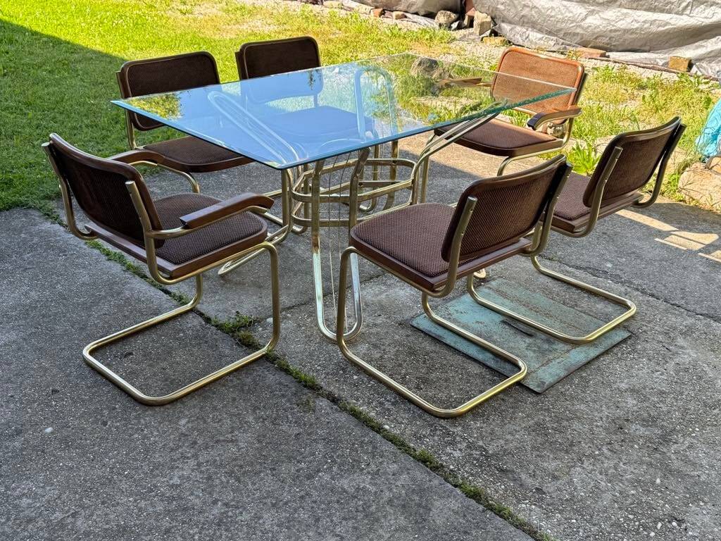 Italian brass dining set with table and chairs, 1970s, set of 7
