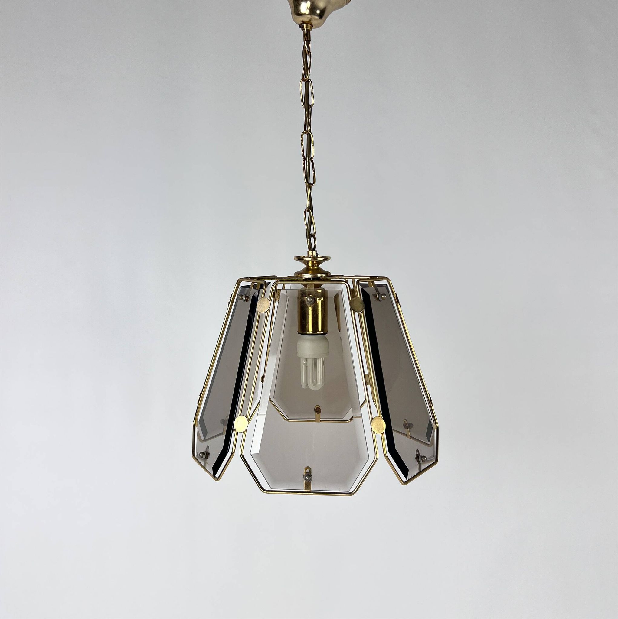 French Brass and Smoked Glass Hal Pendant, 1970s