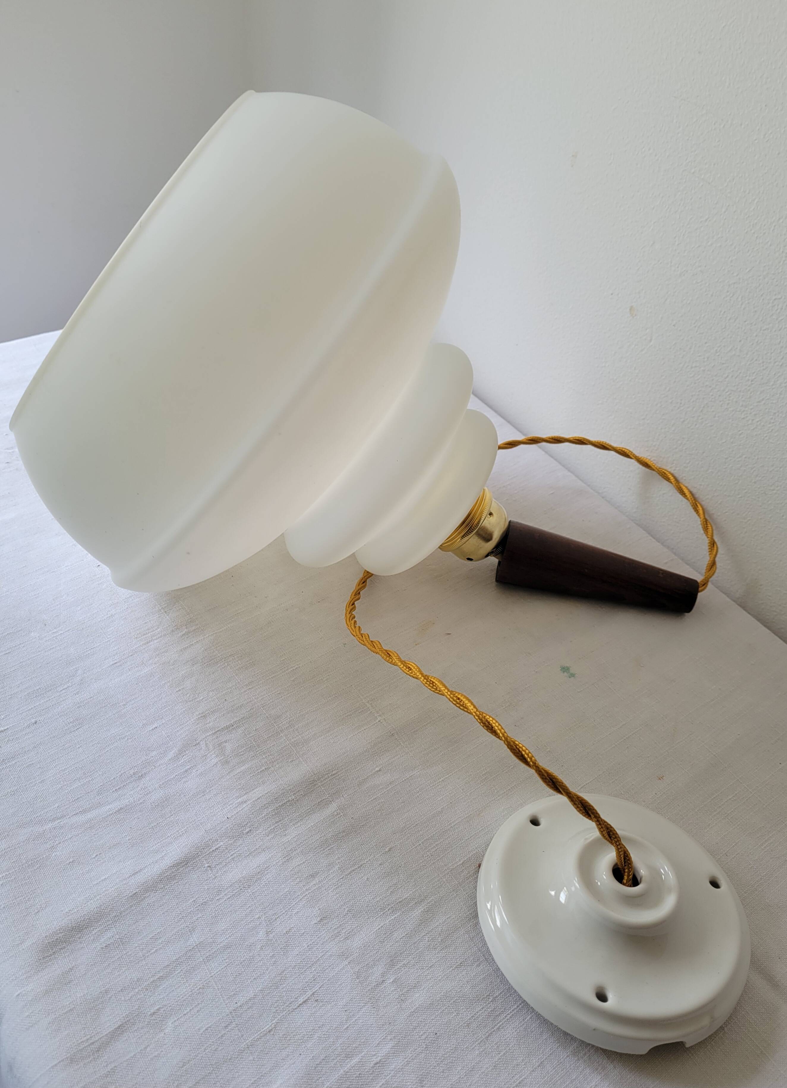 Opaline and teak pendant light