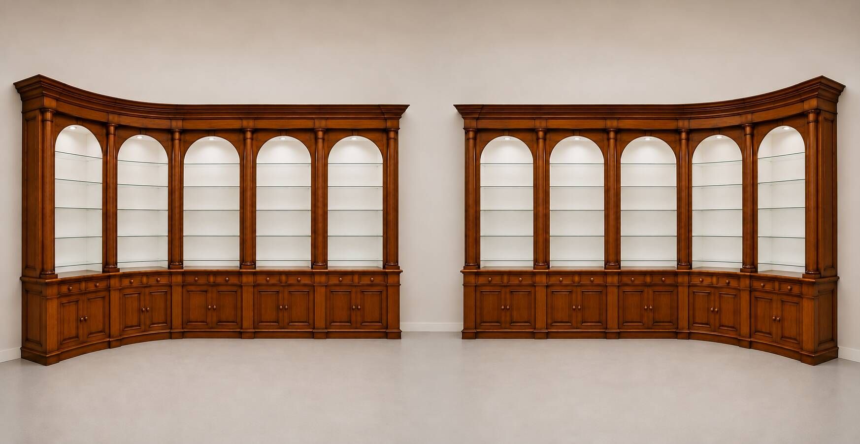 Monumental pair of apothecary bookshelves in oak, mid-19th century.