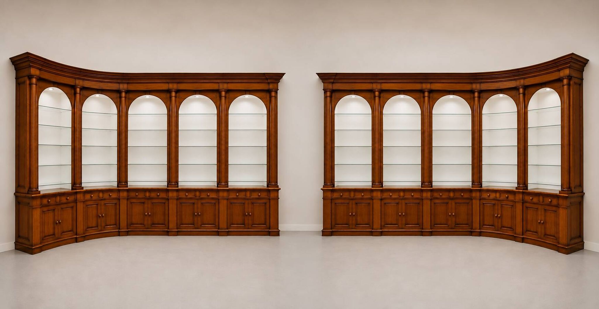 Monumental pair of apothecary bookshelves in oak, mid-19th century.