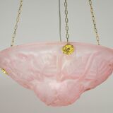 Pink Art Deco top quality pendant light with floral decorations, signed Degué