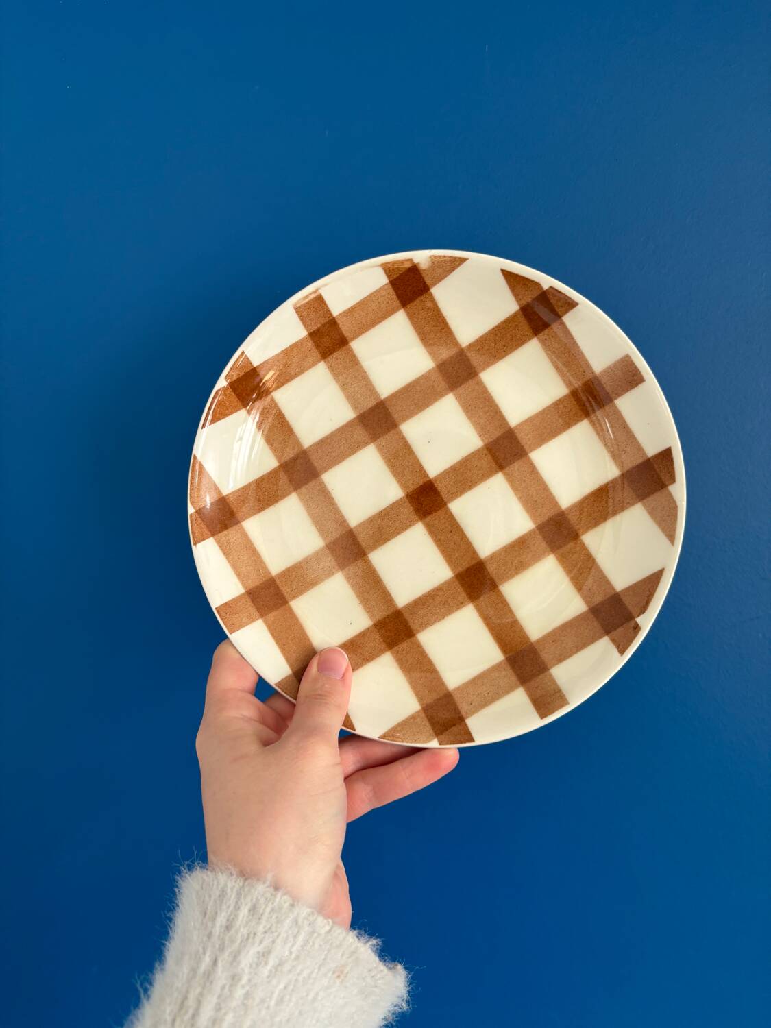 Set of 8 brown checkered plates Moulin des Loups tablecloth