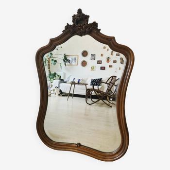 Ancien grand miroir biseauté en bois