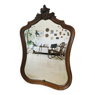 Ancien grand miroir biseauté en bois