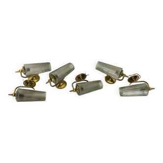 Mid-Century Set of six sconces in brass and fume glass. Italy 1950s
