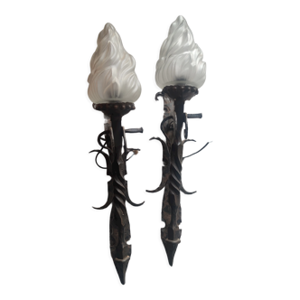 Pair of steel and glass torchieres circa 1950