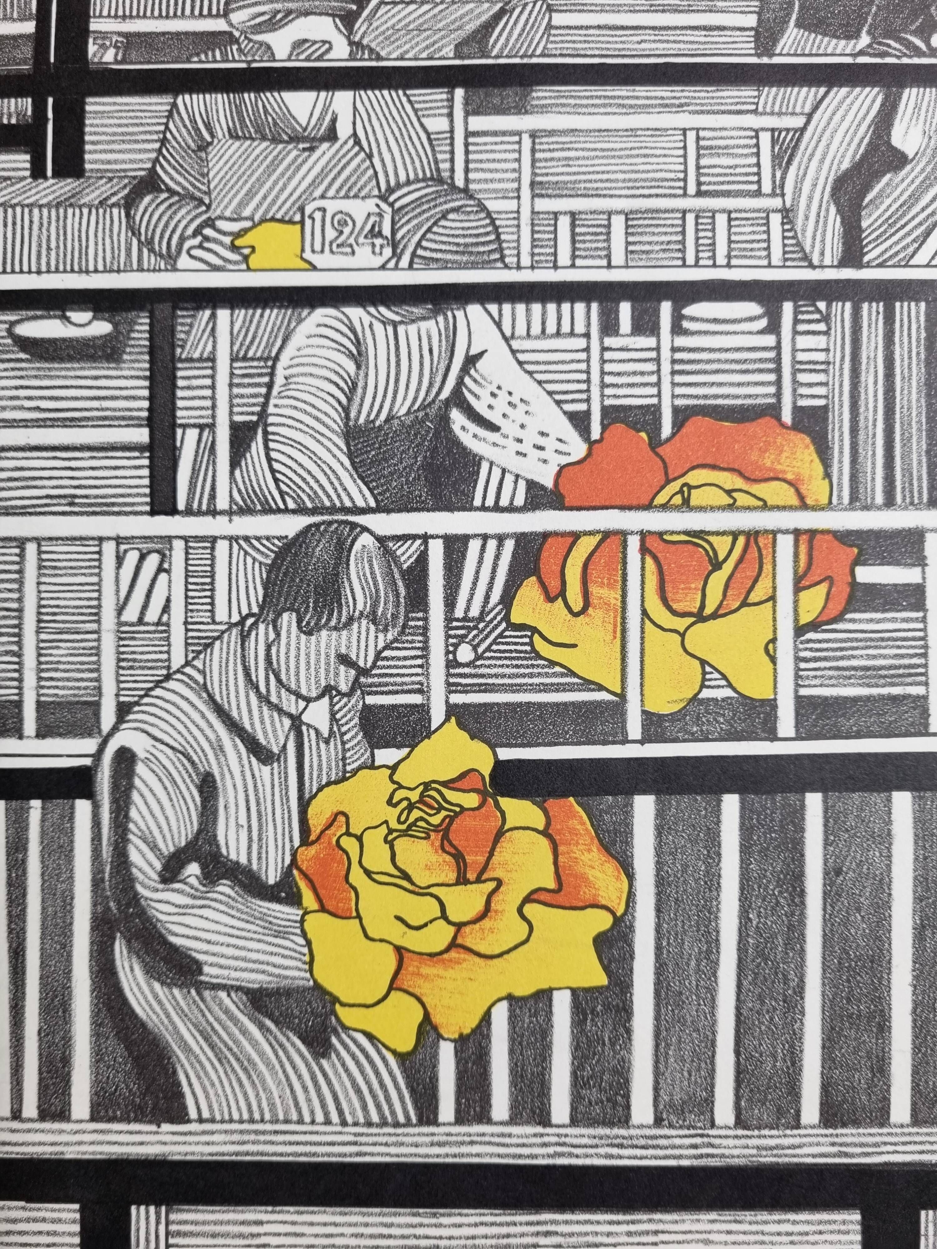 Original lithograph signed after Henri Cueco, "l'usinage des roses", 1969, 64 x 51 cm