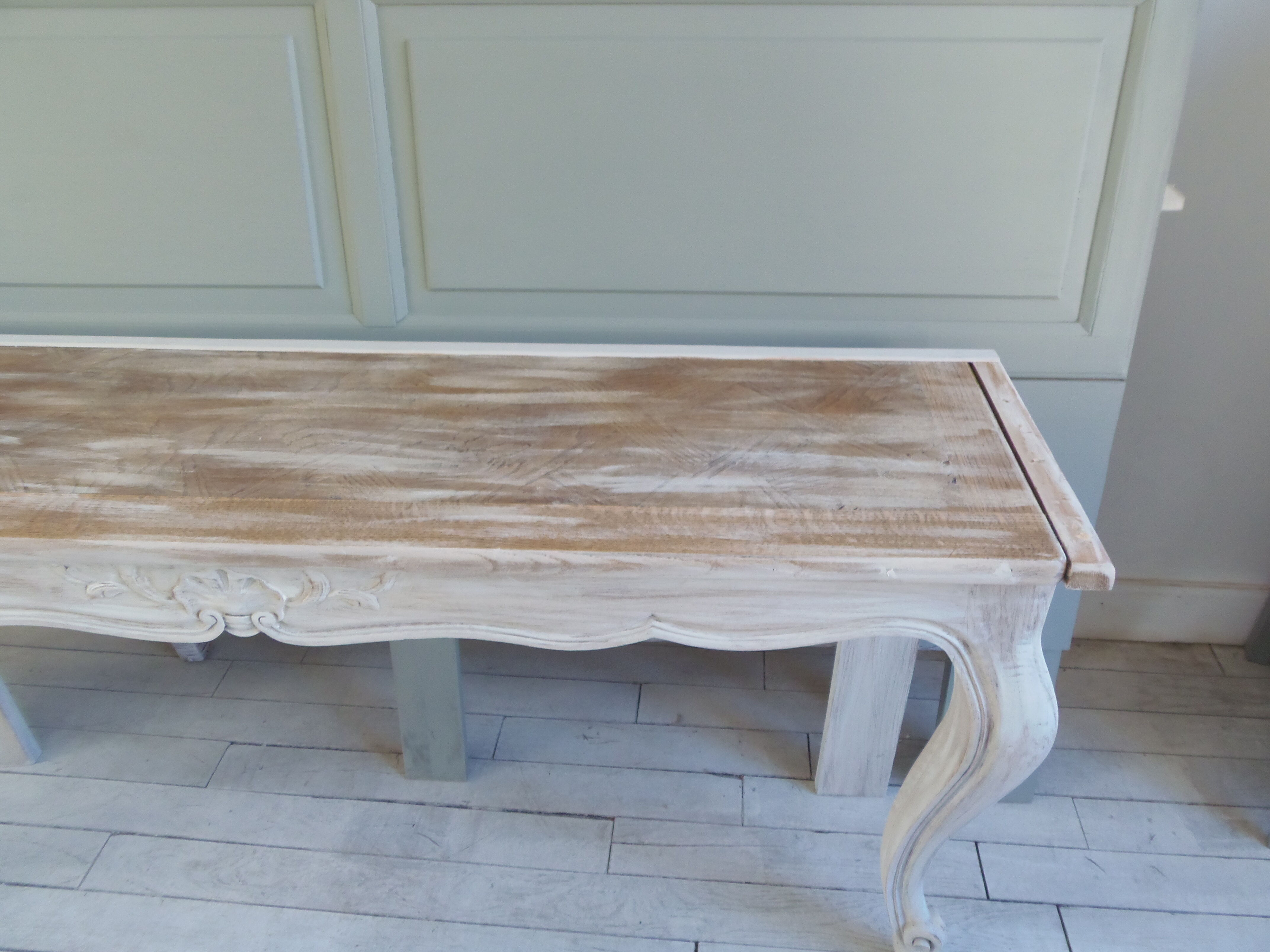 Louis XV style console in pearl gray patinated oak, patinated inlaid top.