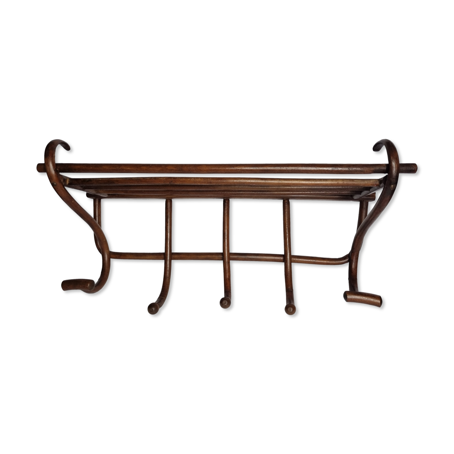 Portemanteau mural en bois courbé ancien 1900, 5 patères et un porte chapeau