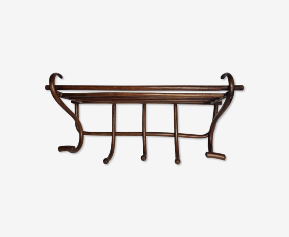 Portemanteau mural en bois courbé ancien 1900, 5 patères et un porte chapeau