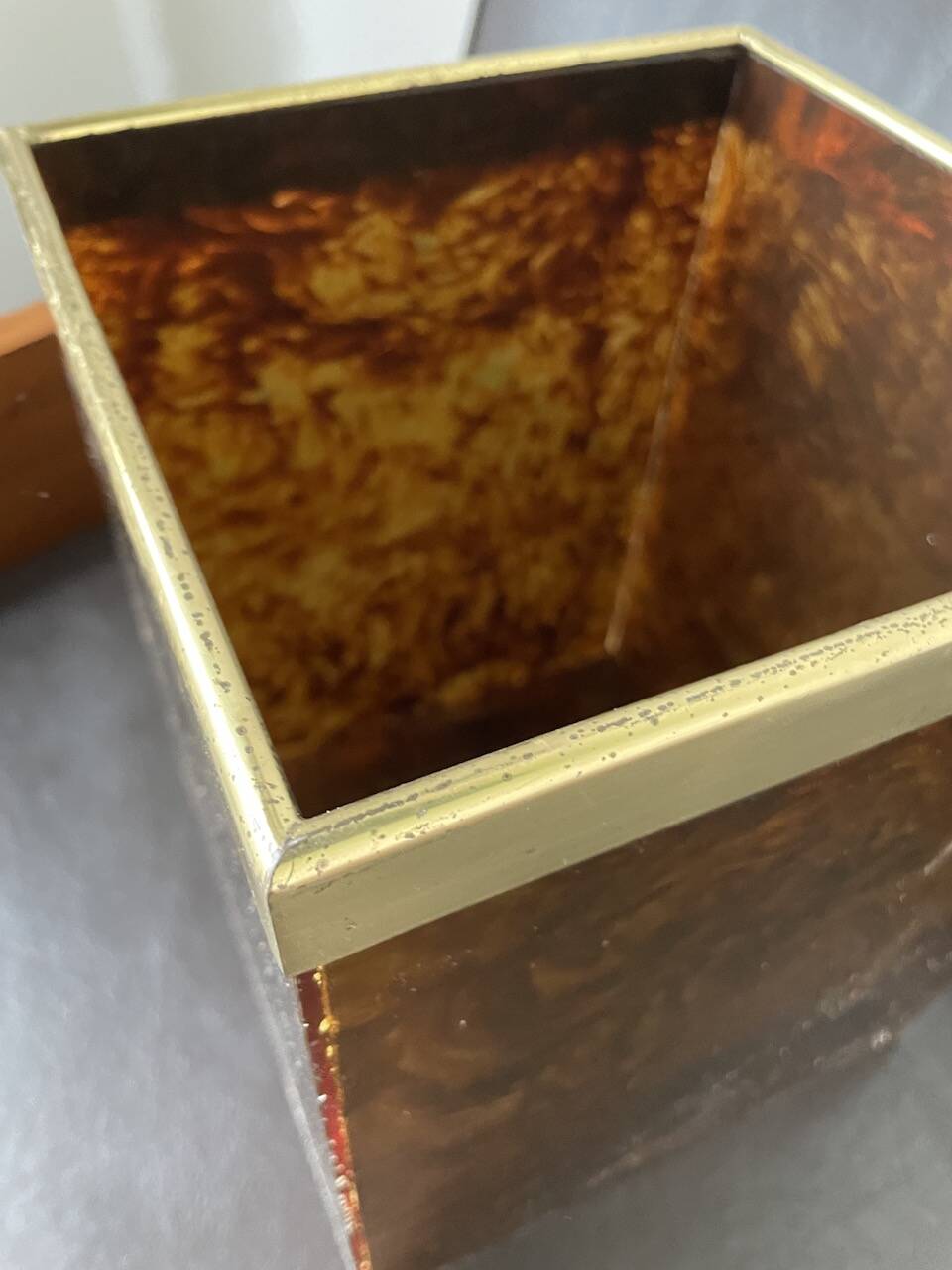 Tortoiseshell, resin and brass trash can from the 50s