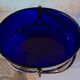 Silver-plated metal and blue glass biscuit jar