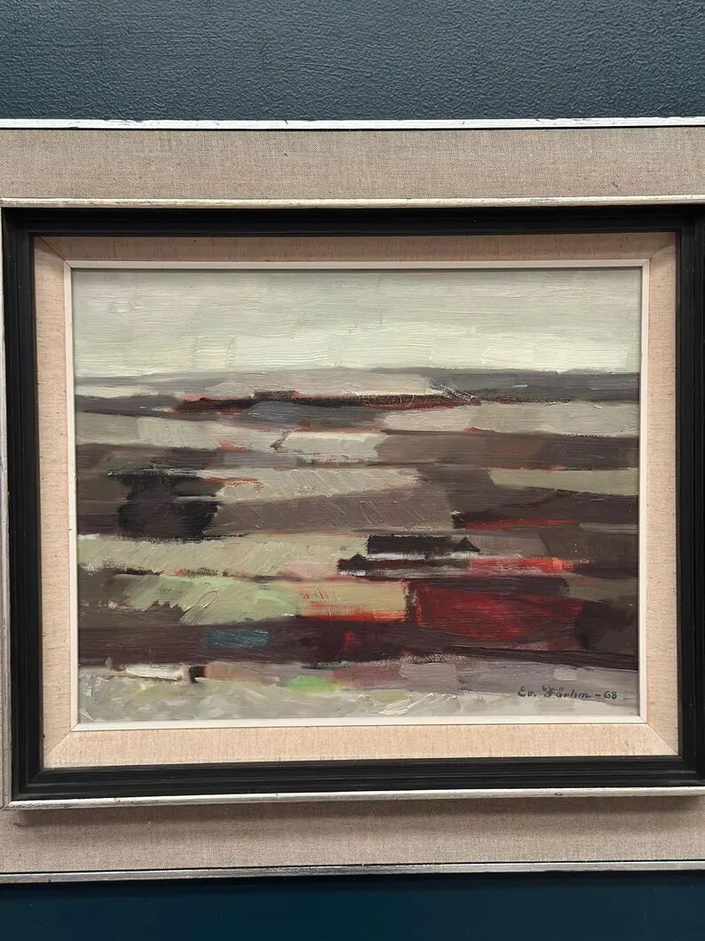 Original Swedish Oil on Panel – “Field Patches” by Evert Färhm (1901–1971) – Signed – 1968 – Vintage & Framed – 61 × 53 cm (24" × 20.9")