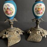 Pair of Napoleon III candlesticks in bronze and floral porcelain