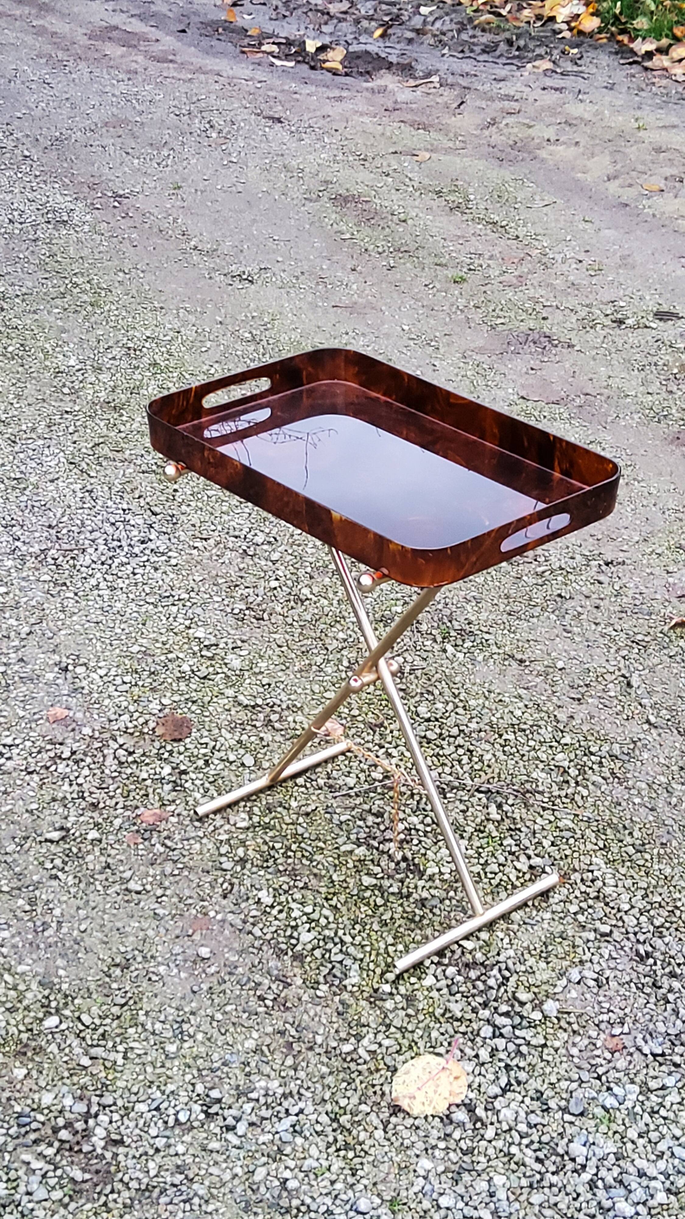 Gold metal side table with tortoiseshell lucite top from the 70s