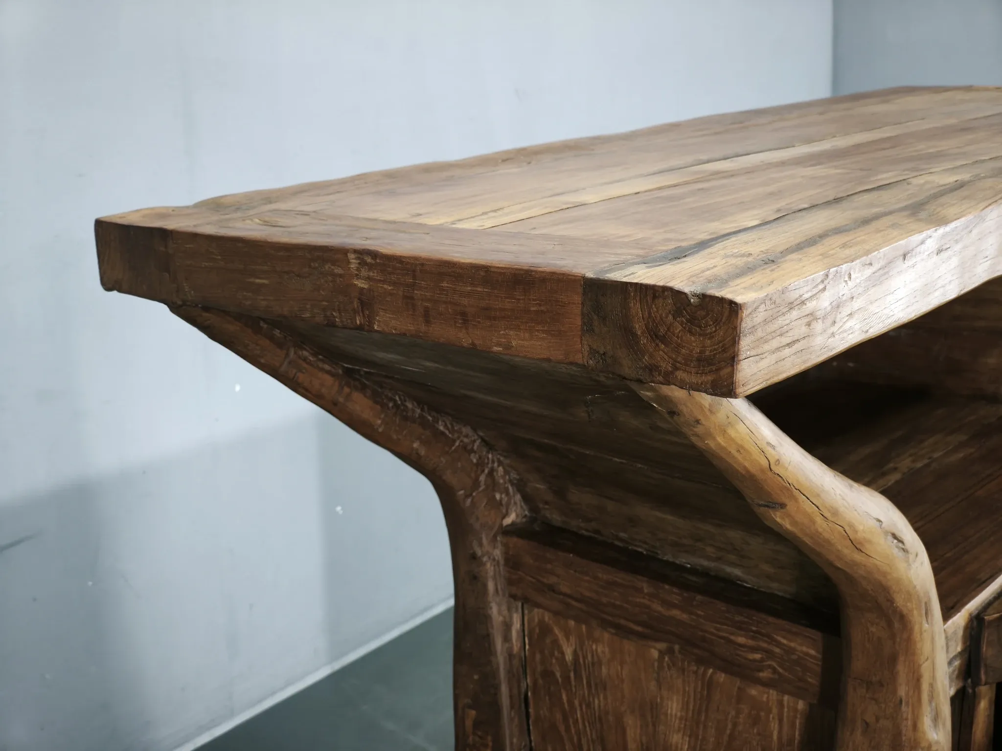 1970s Asian Rustic Solid Wood Console Table, Hand-Carved Primitive Sideboar