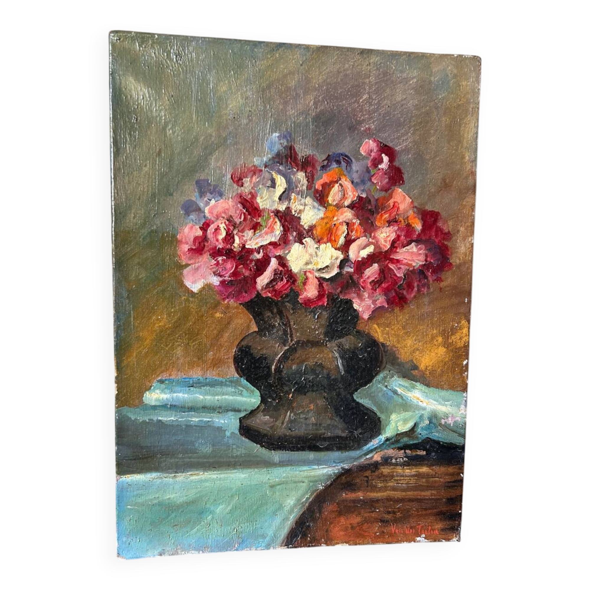 Old table still life with flowers oil painting