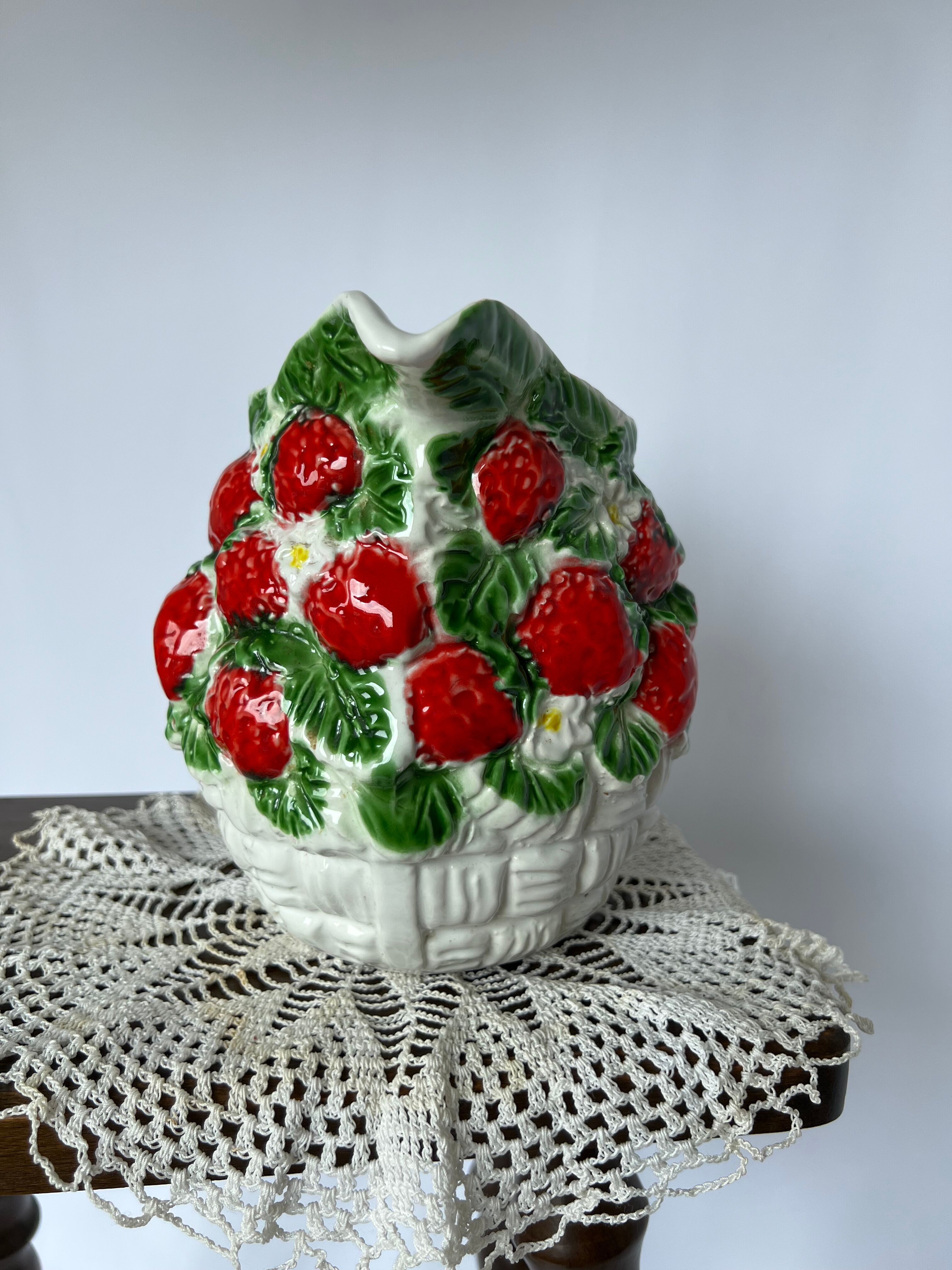 Pitcher carafe vintage slip pattern strawberries
