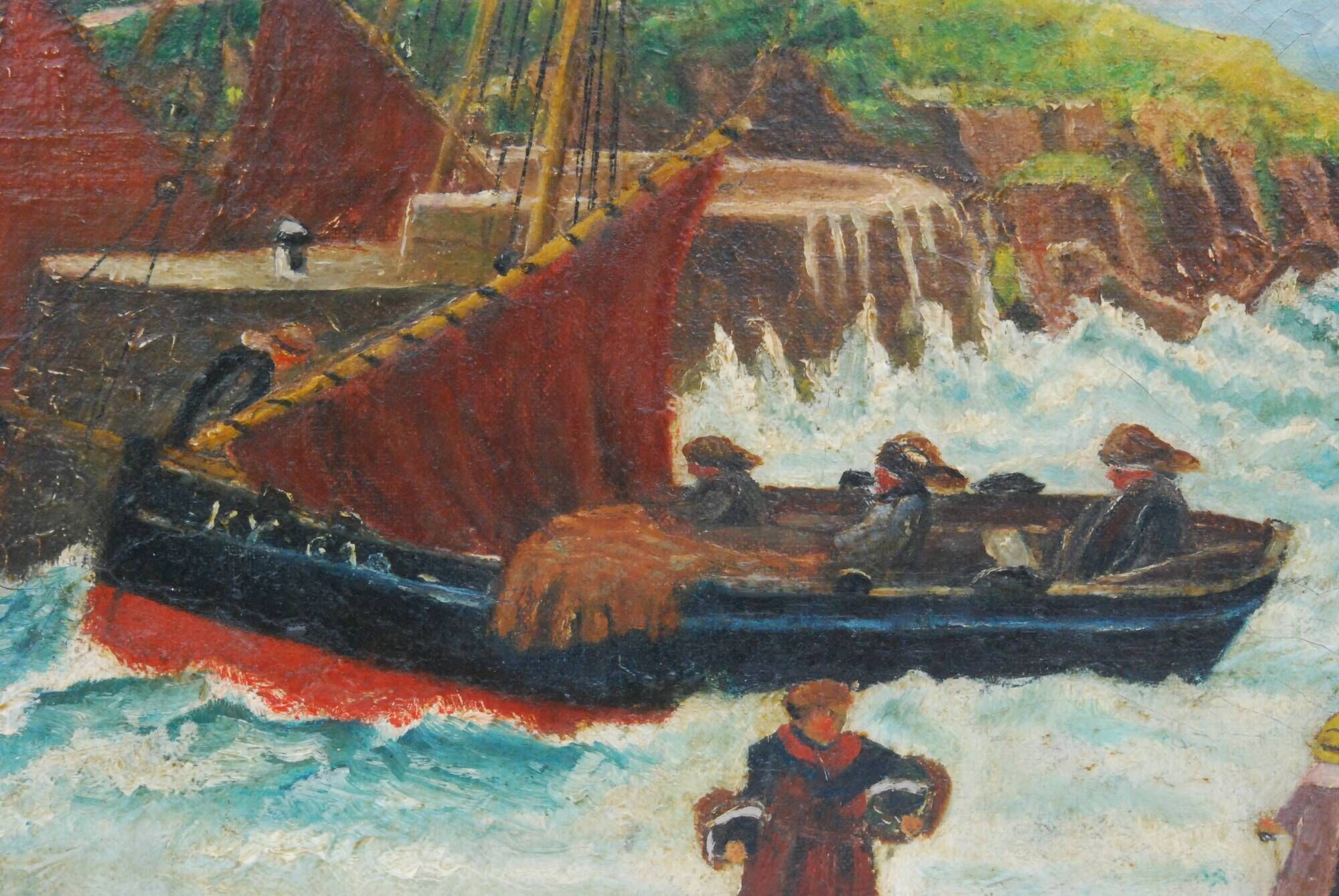 Old painting seaside view boats and fishermen
