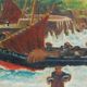Old painting seaside view boats and fishermen