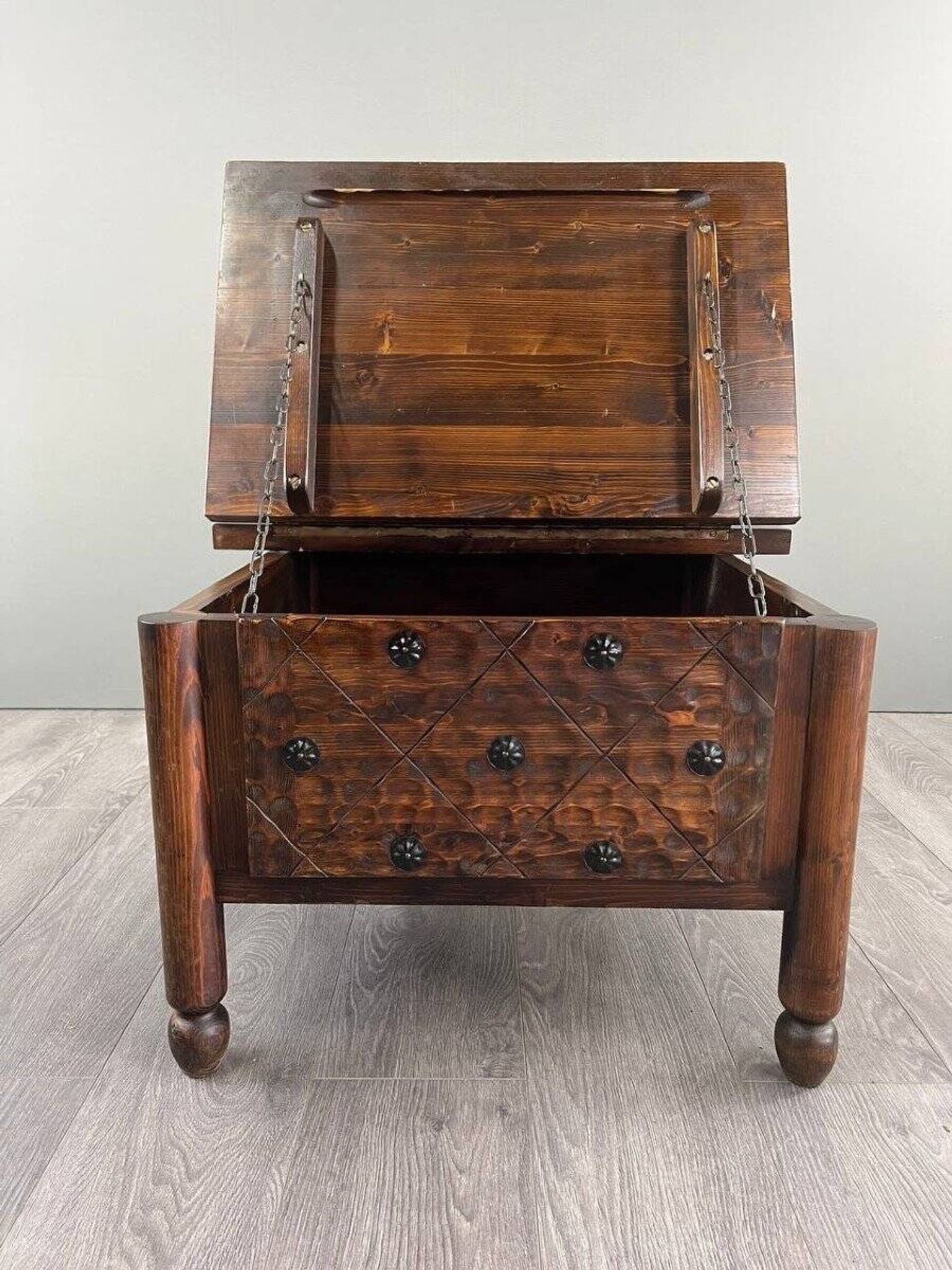 Rustic Carved Wooden Bar with Stools and Wine Chest, 20th Century