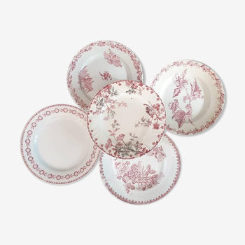 Assiettes plates dépareillés terre de fer rose lot X5 anciennes de manufacture française diverses