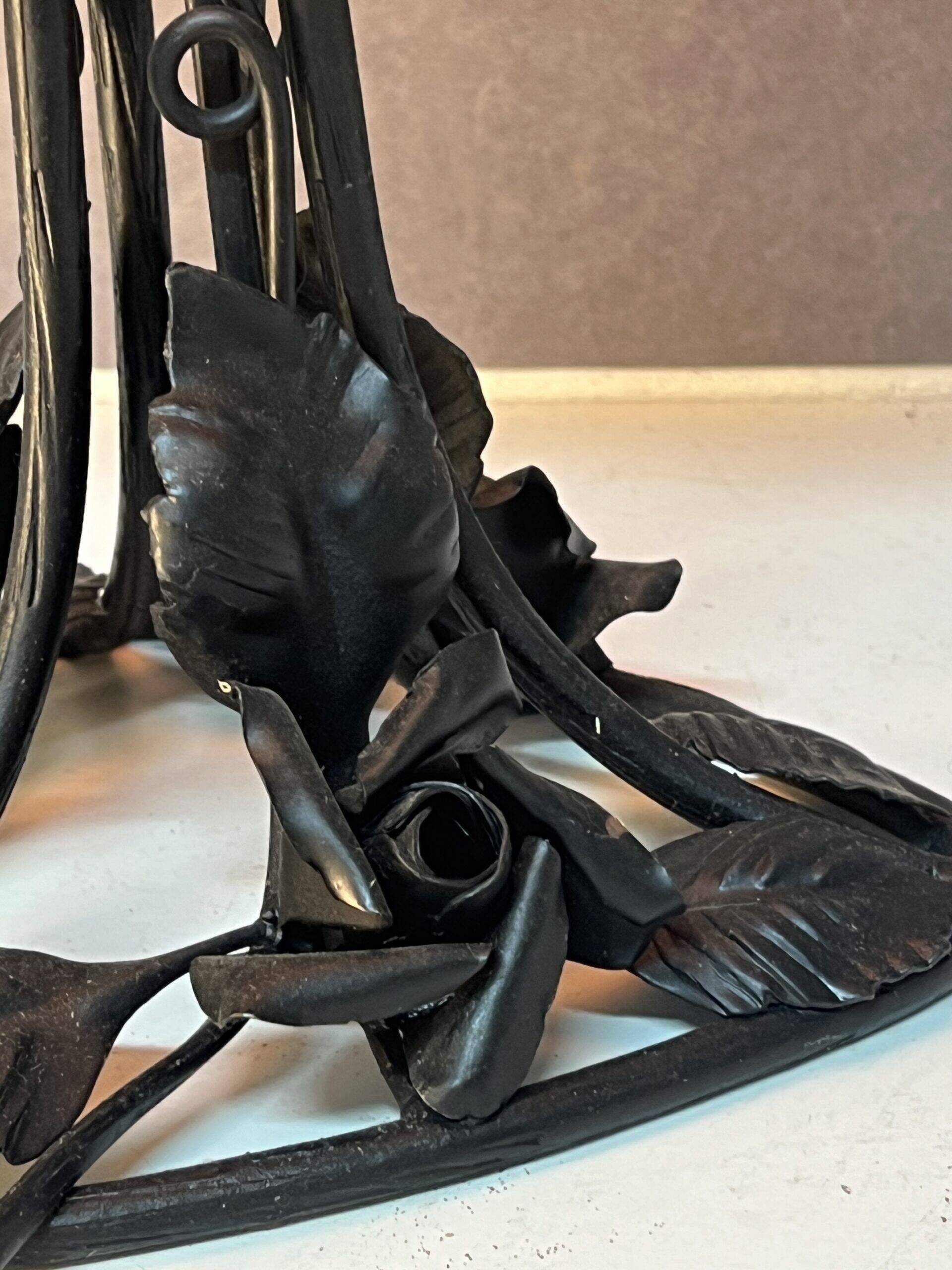 Contemporary mushroom lamp, wrought iron base and shaded orange glass shell