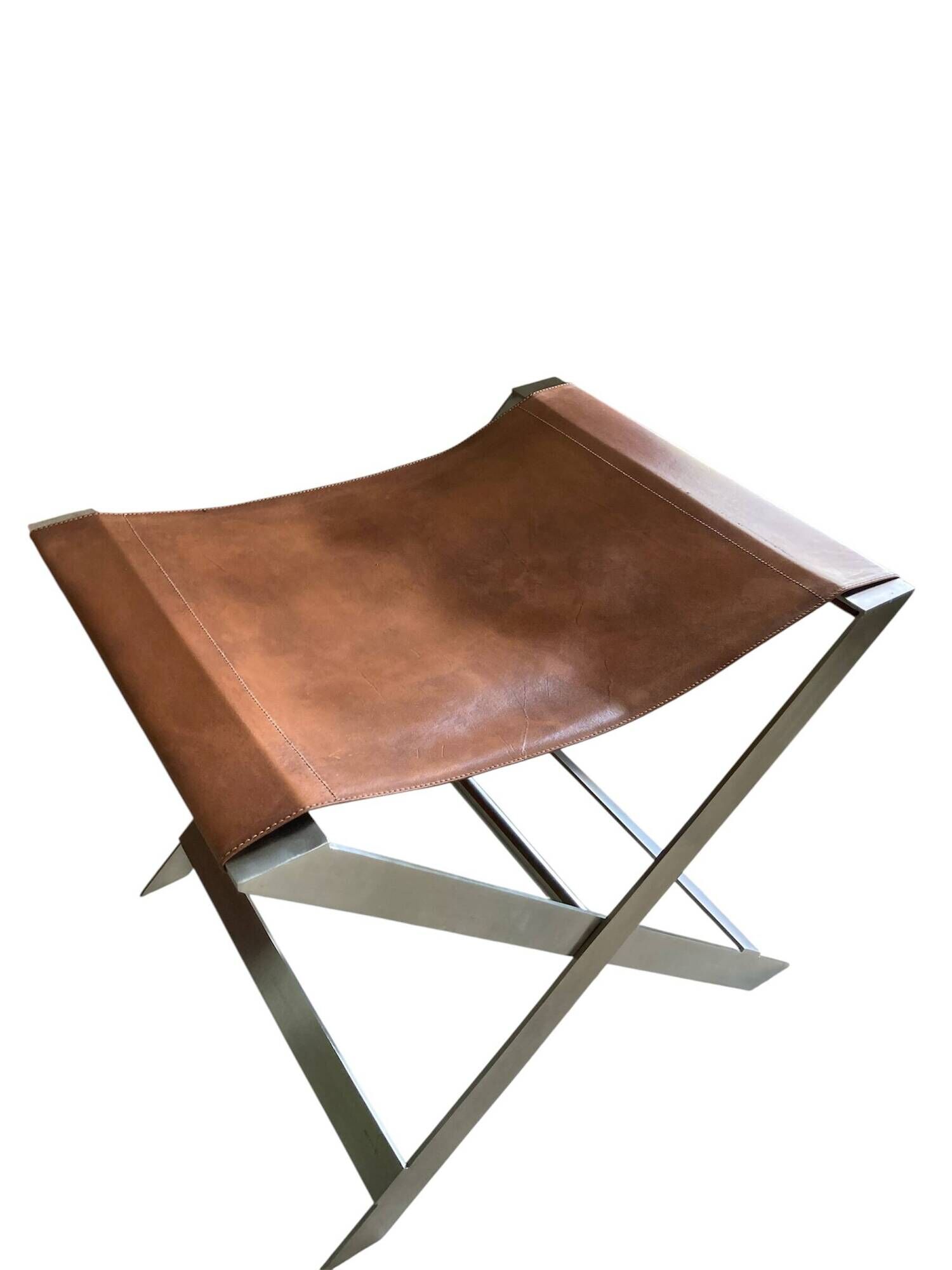 FOLDING STOOL KNOWN AS "PLOYANT" IN BRUSHED STEEL AND LEATHER, SIGNED AMAURY WATINE