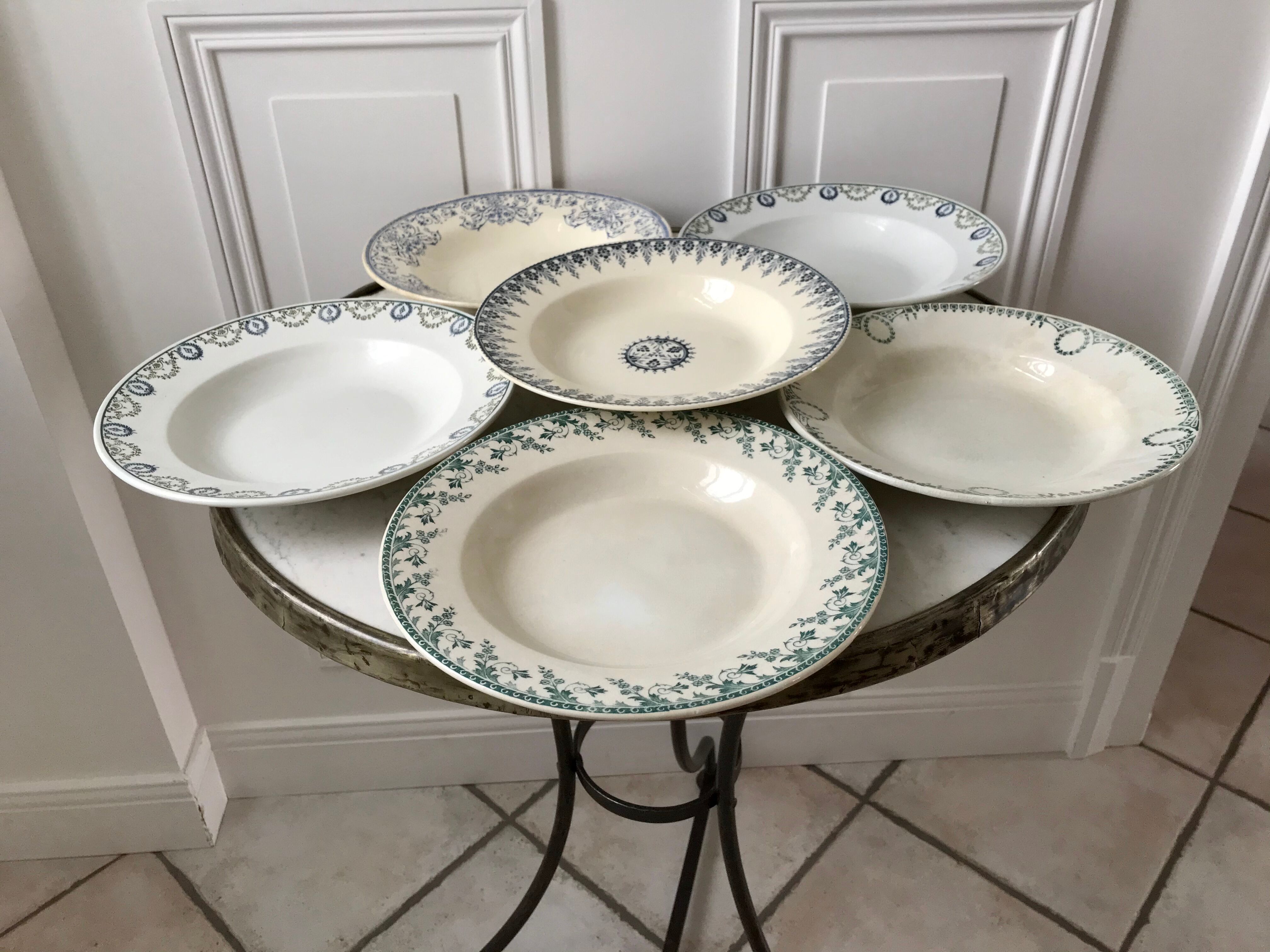 Set of 6 hollow plates Terre de Fer mismatched late nineteenth