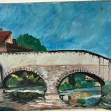 Oil painting on canvas landscape bridge and old river