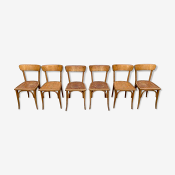 Series of 6 old light wood bistro chairs