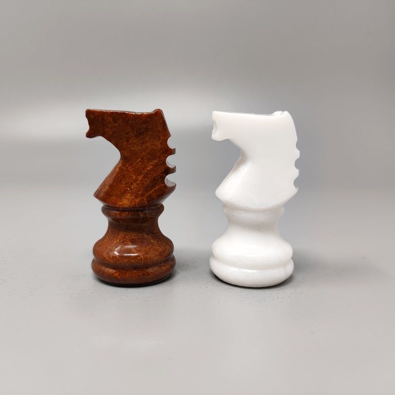 1970s Brown and White Chess Set in Volterra Alabaster Handmade Made in Italy