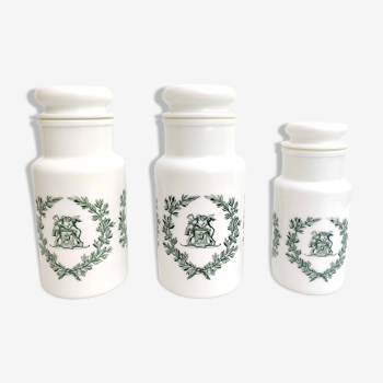 Lot three pots of apothecary in white opaline