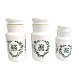 Lot three pots of apothecary in white opaline