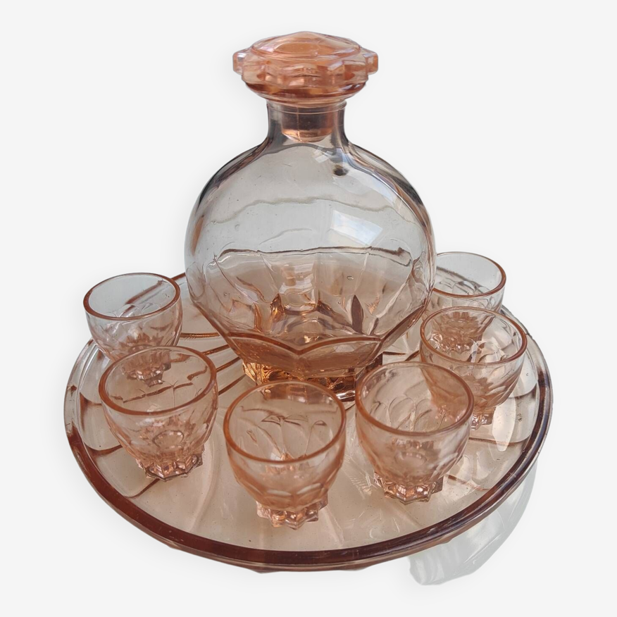 Service liqueur 13 pièces verre rosaline - Ressourcerie Histoires Sans Fin