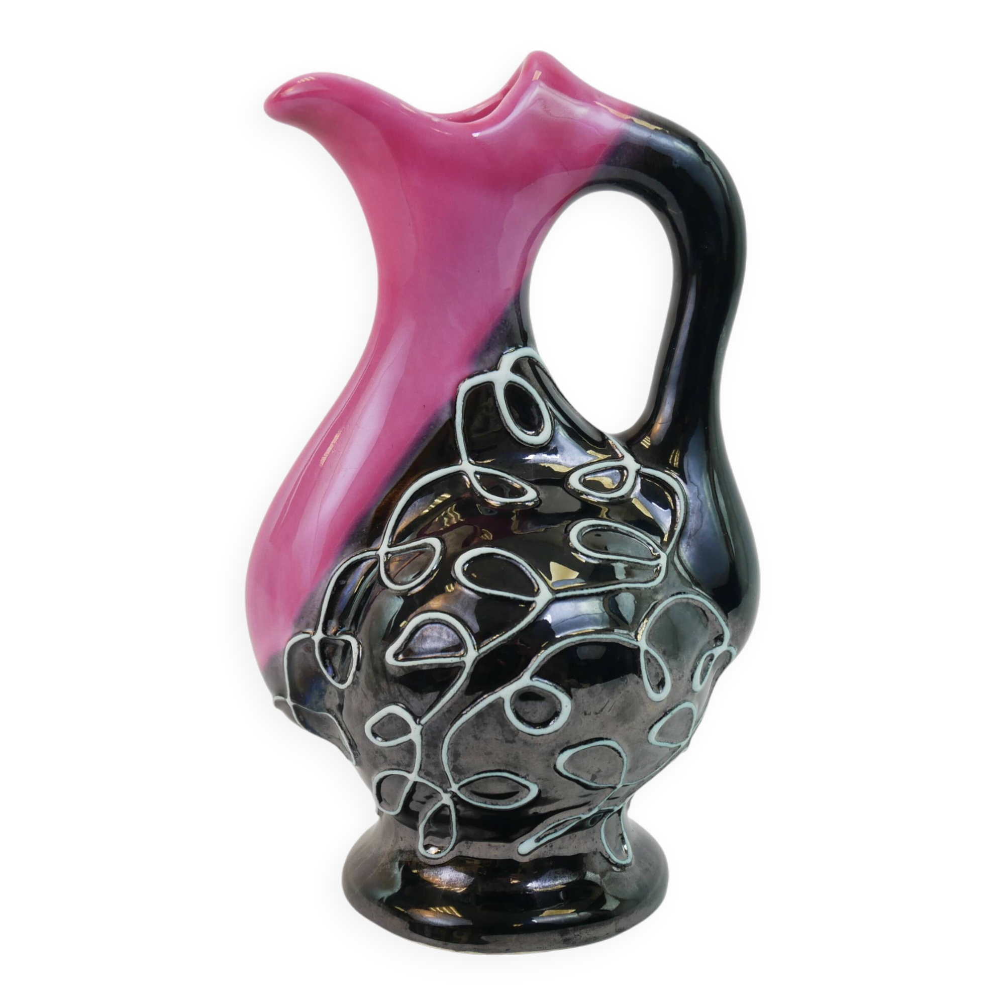 Black and pink Vallauris carafe with white relief patterns