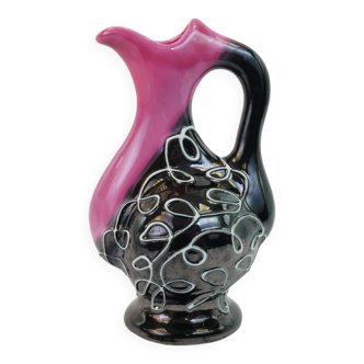 Black and pink Vallauris carafe with white relief patterns