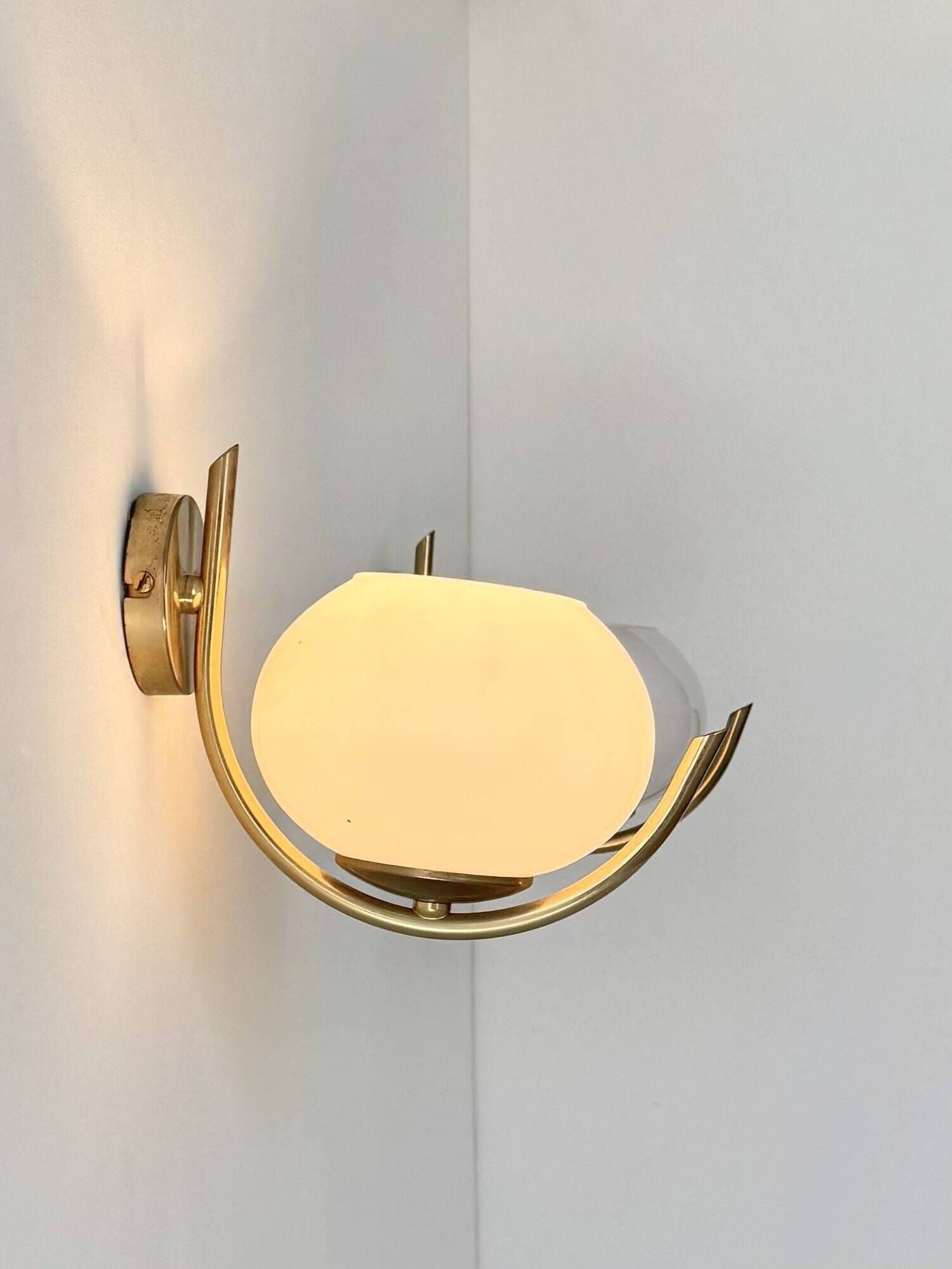 Pair of vintage wall sconces, brass and opaline, France, 1970.