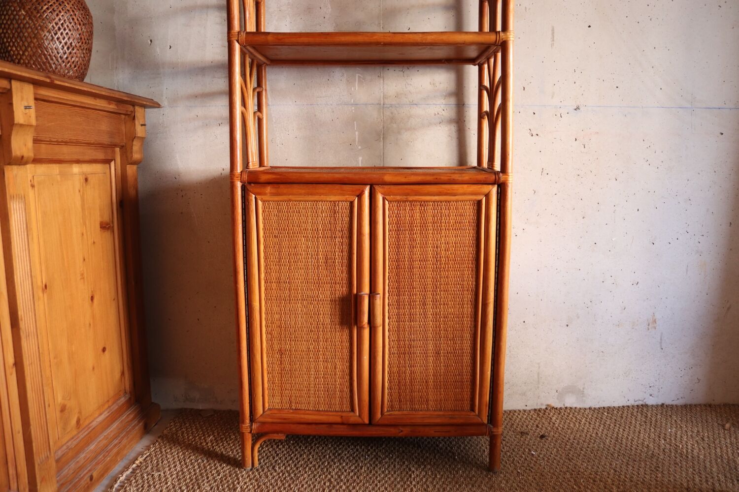 Rattan and vintage bamboo shelf