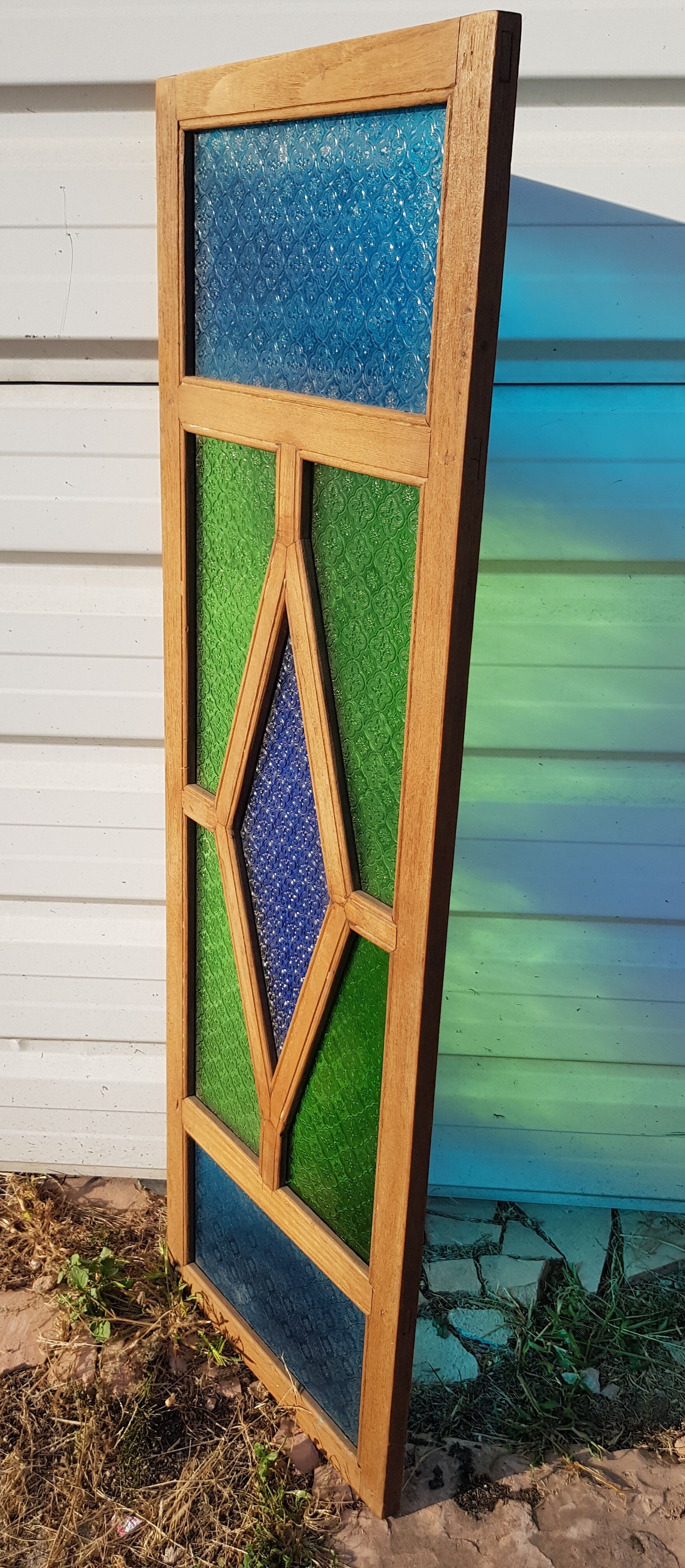 Old teak frame panel/window and 7 colored & embossed glass panels