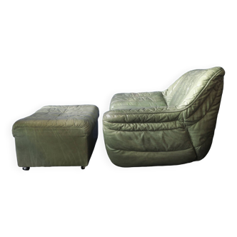 Laauser lounge chair and ottoman in olive green patchwork leather, 1970s