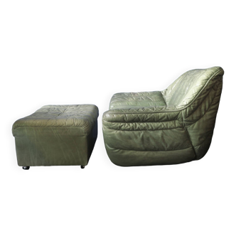 Fauteuil lounge et ottoman Laauser en cuir patchwork vert olive, années 1970