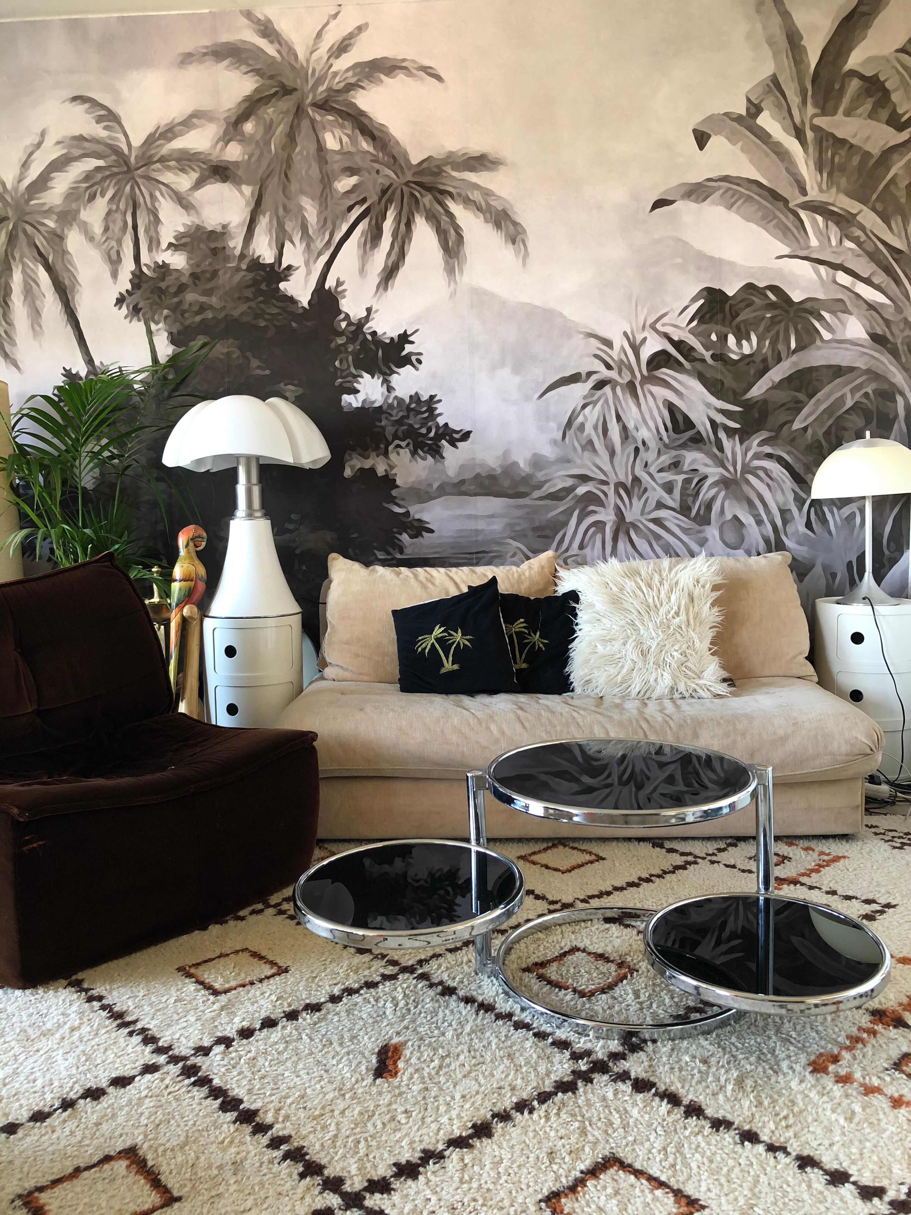 Chrome round coffee table and smoked glass