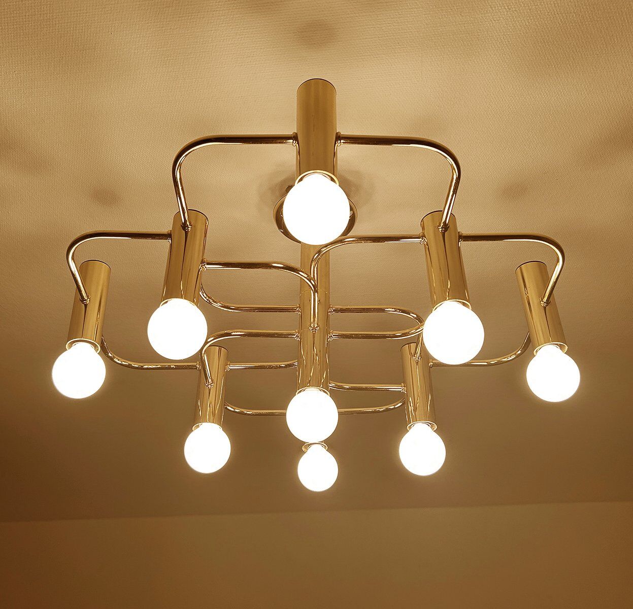 Large Space Age gilded ceiling light from Leola